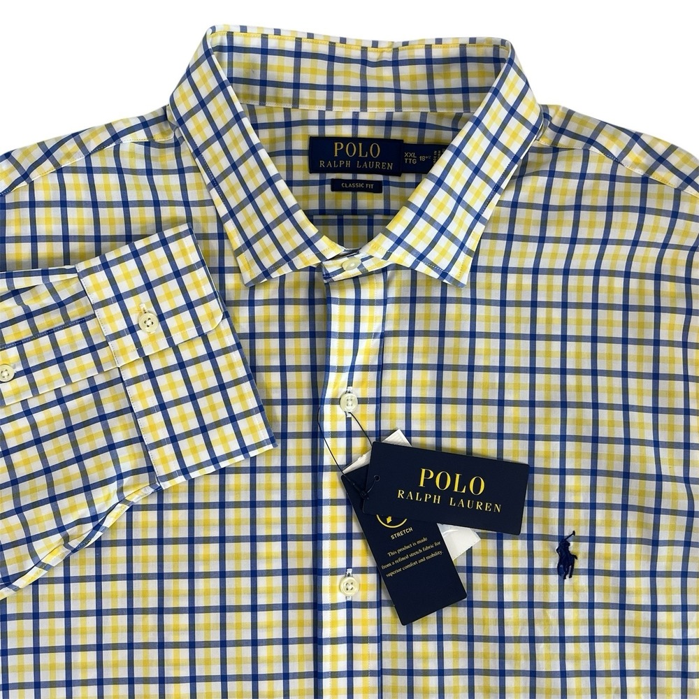Polo Ralph Lauren NWT XXL Long Sleeve Shirt Yellow Blue Plaid Classic Stretch